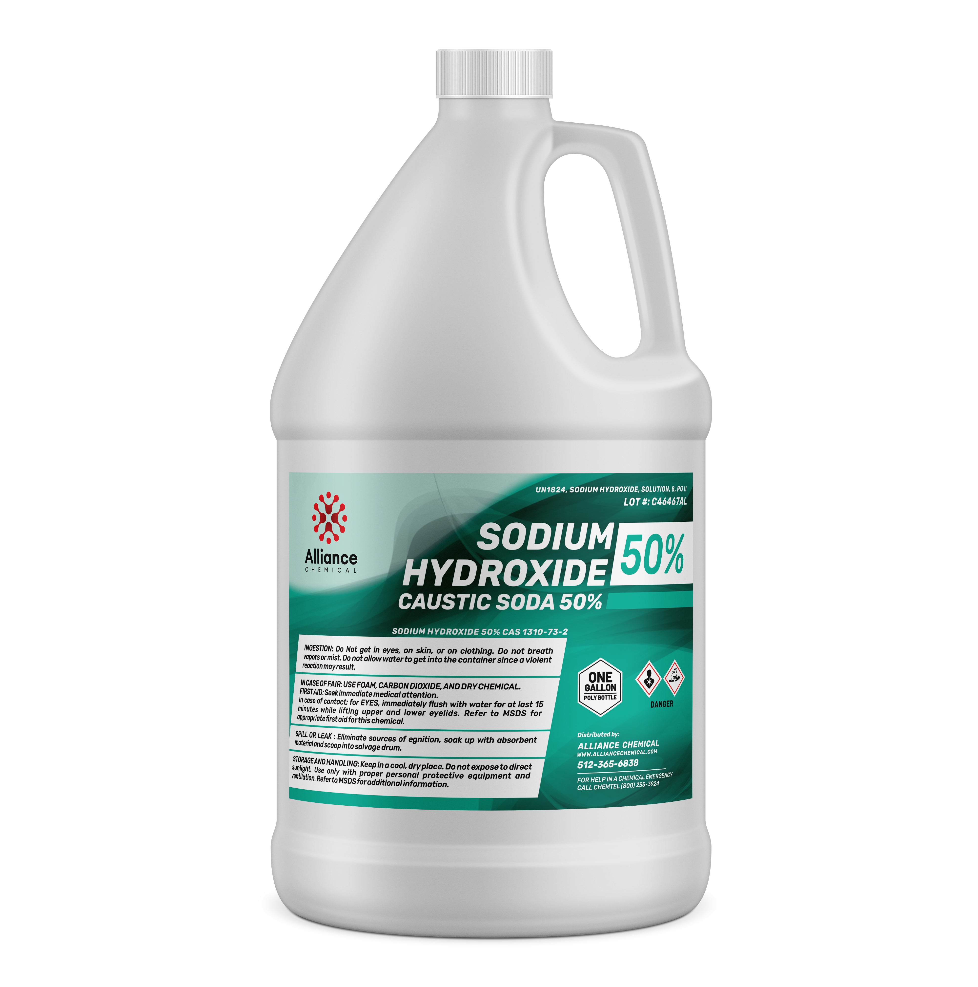 1-gallon HDPE bottle of 50% Sodium Hydroxide (Caustic Soda) with chemical hazard diamonds, Alliance Chemical brand, safety warnings, green label.